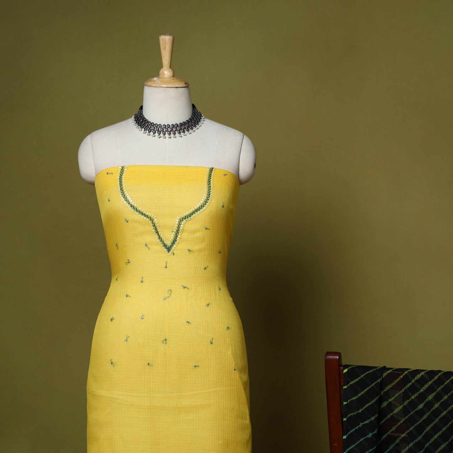 Yellow - 2pc cotton unstitched hand embroidery kota doria