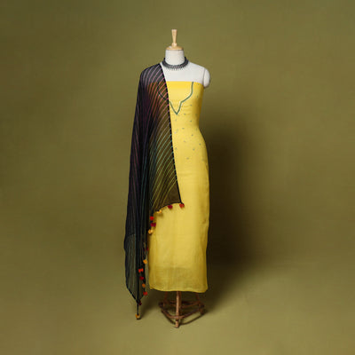 Yellow - 2pc cotton unstitched hand embroidery kota doria