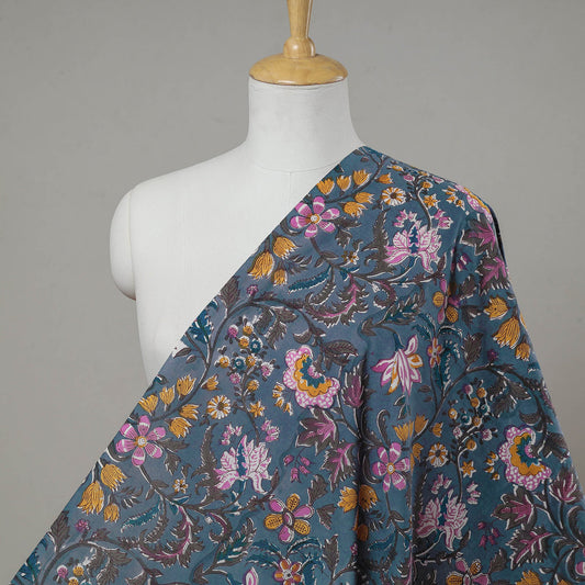 Dark Grey with Floral Jaal Sanganeri Block Printed Cotton Fabric 04