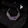 WHE Blue Hand Painted Connecting Triangle Repurposed Fabric & Wood Necklace 10