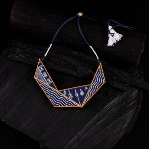 WHE Blue Hand Painted Connecting Triangle Repurposed Fabric & Wood Necklace 10