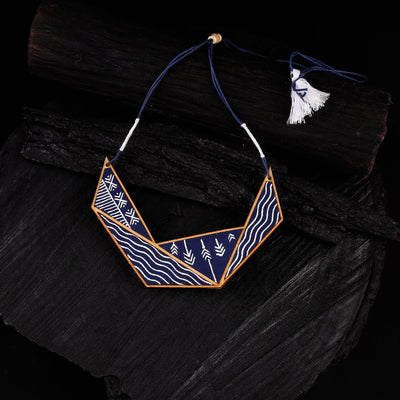 WHE Blue Hand Painted Connecting Triangle Repurposed Fabric & Wood Necklace 10