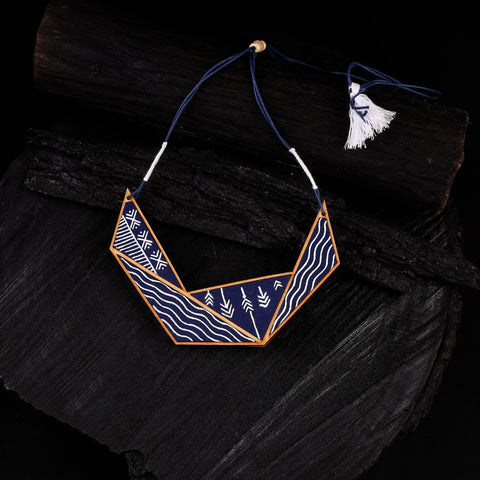 WHE Blue Hand Painted Connecting Triangle Repurposed Fabric & Wood Necklace 10