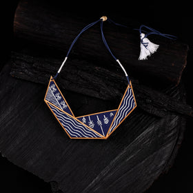 WHE Blue Hand Painted Connecting Triangle Repurposed Fabric & Wood Necklace 10