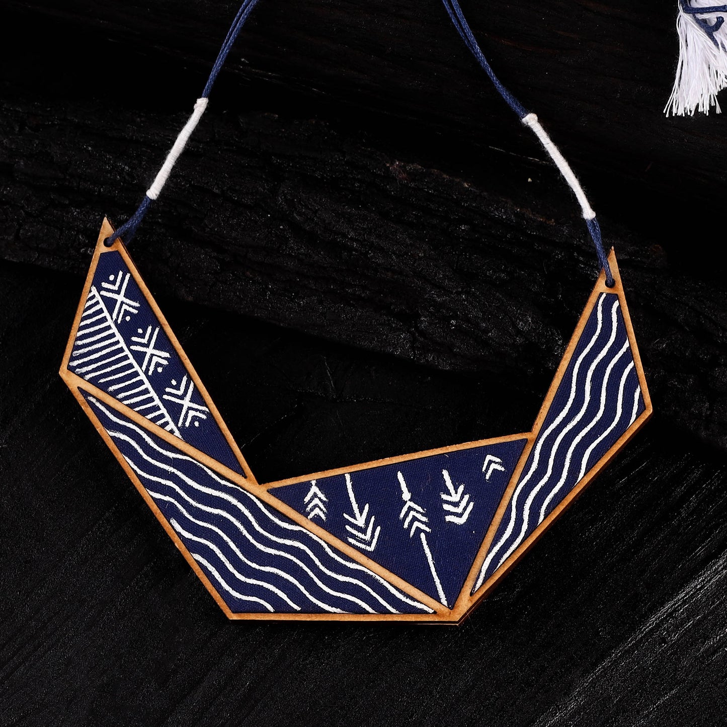 WHE Blue Hand Painted Connecting Triangle Repurposed Fabric & Wood Necklace 10
