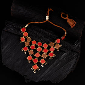 WHE Orange Festive Repurposed Fabric & Wood Statement Necklace 01
