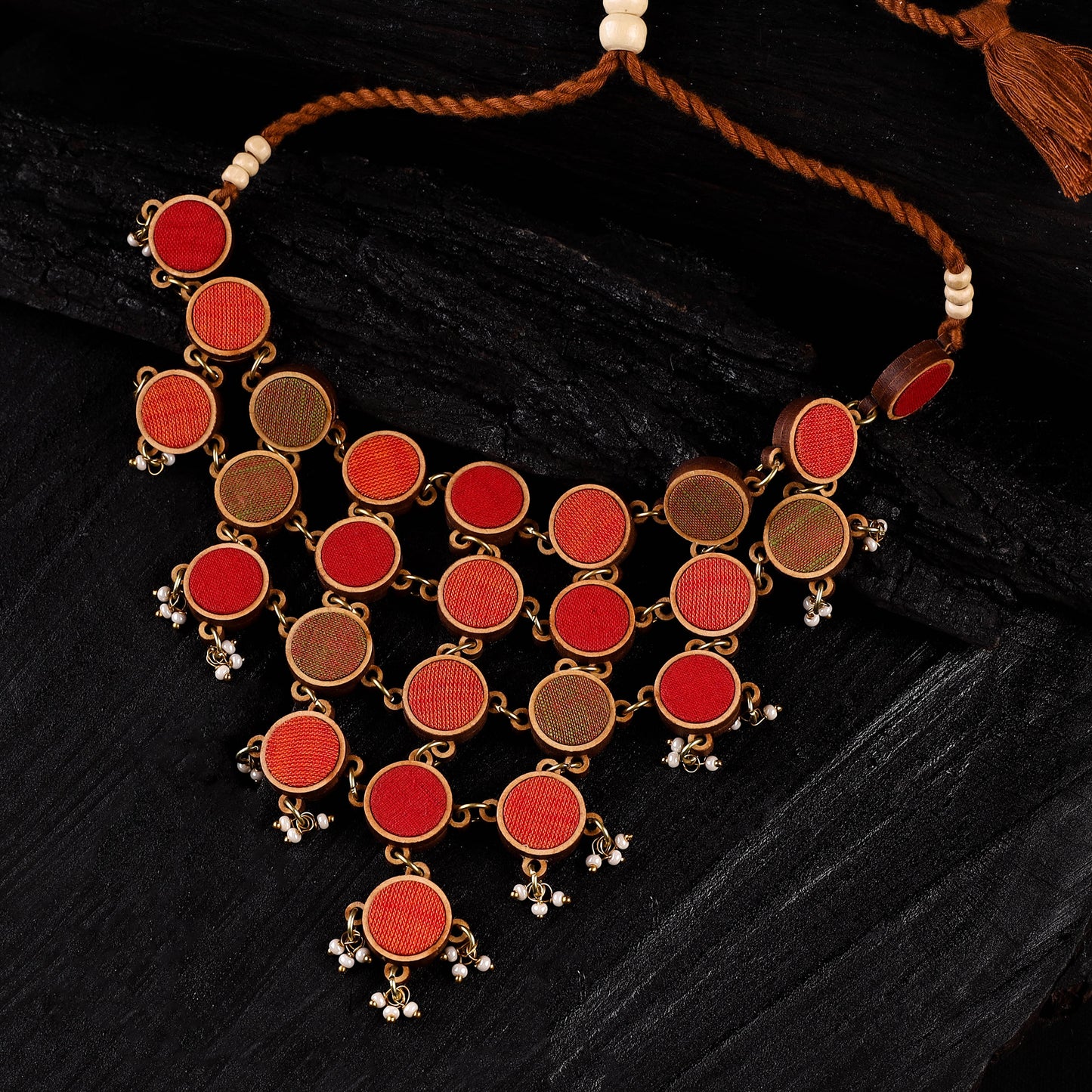 WHE Orange Festive Repurposed Fabric & Wood Statement Necklace 01