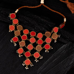 WHE Orange Festive Repurposed Fabric & Wood Statement Necklace 01