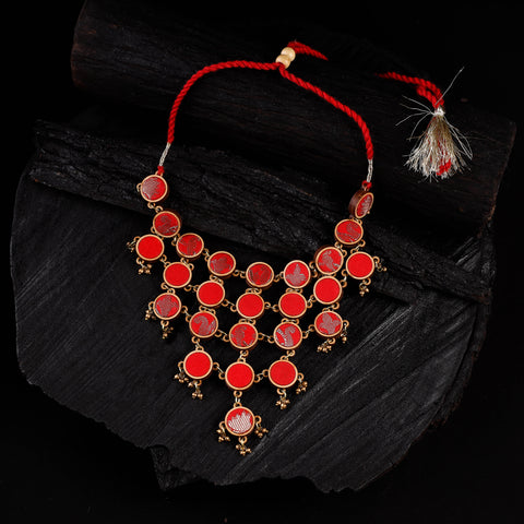 WHE Red Festive Repurposed Fabric & Wood Statement Necklace 02