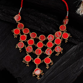 WHE Red Festive Repurposed Fabric & Wood Statement Necklace 02