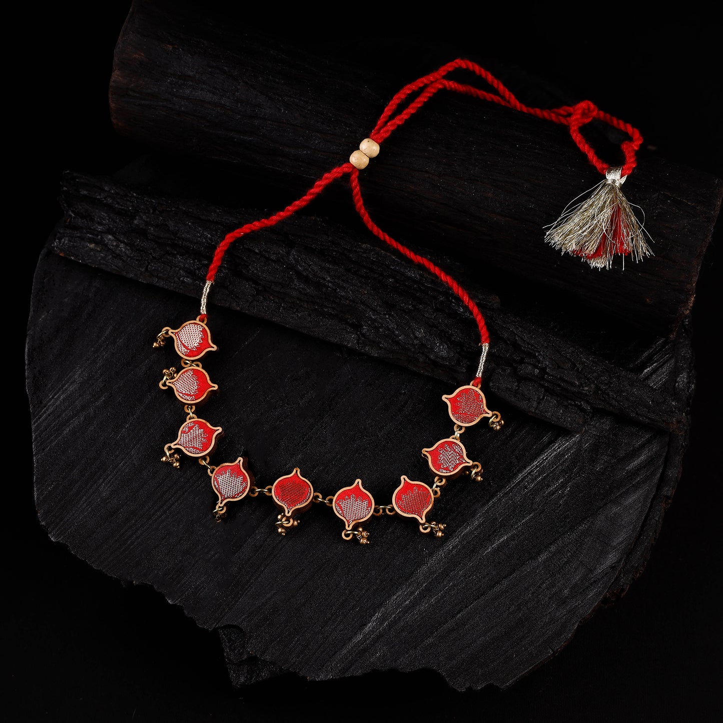 WHE Red Festive Repurposed Brocade Fabric & Wood Choker Necklace 03