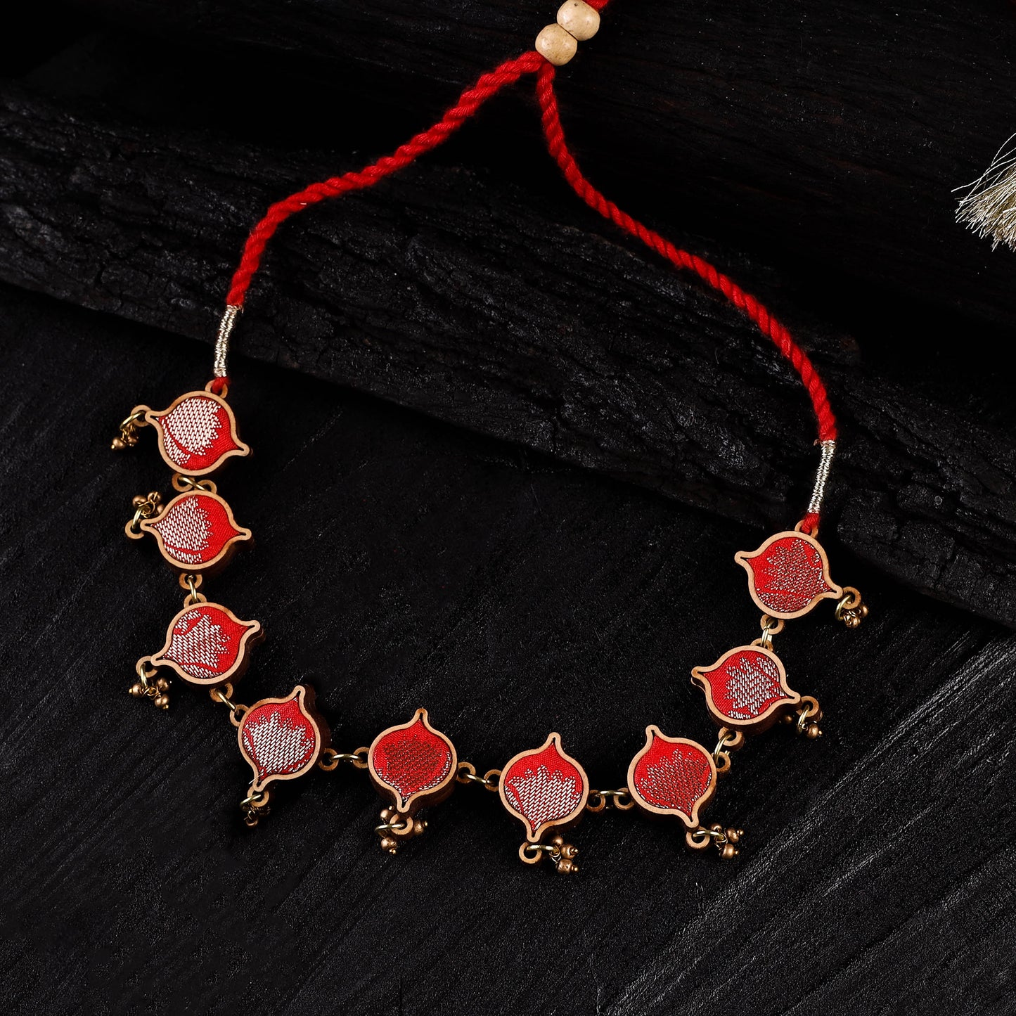WHE Red Festive Repurposed Brocade Fabric & Wood Choker Necklace 03