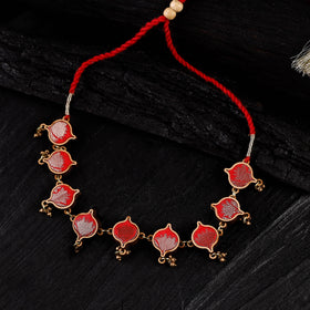 WHE Red Festive Repurposed Brocade Fabric & Wood Choker Necklace 03
