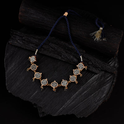 WHE Blue Festive Repurposed Brocade Fabric & Wood Choker Necklace 04