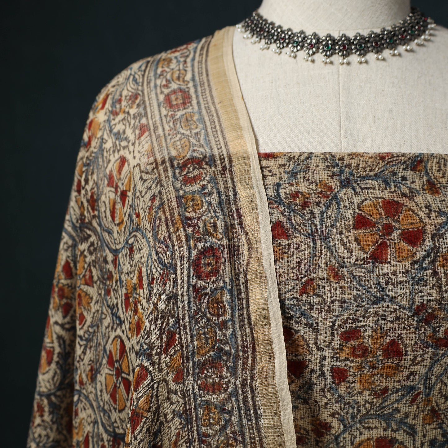 Pedana Kalamkari Block Print Kota Doria Cotton 2pc Unstitched Dress Material Kurta Set 07