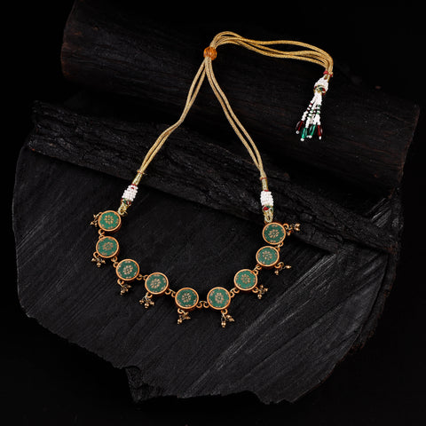 WHE Green Festive Repurposed Brocade Fabric & Wood Choker Necklace 06