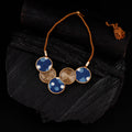WHE Blue Connected Circle Repurposed Fabric & Wood Necklace 07