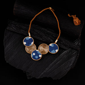 WHE Blue Connected Circle Repurposed Fabric & Wood Necklace 07