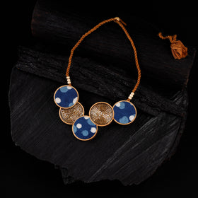 WHE Blue Connected Circle Repurposed Fabric & Wood Necklace 07