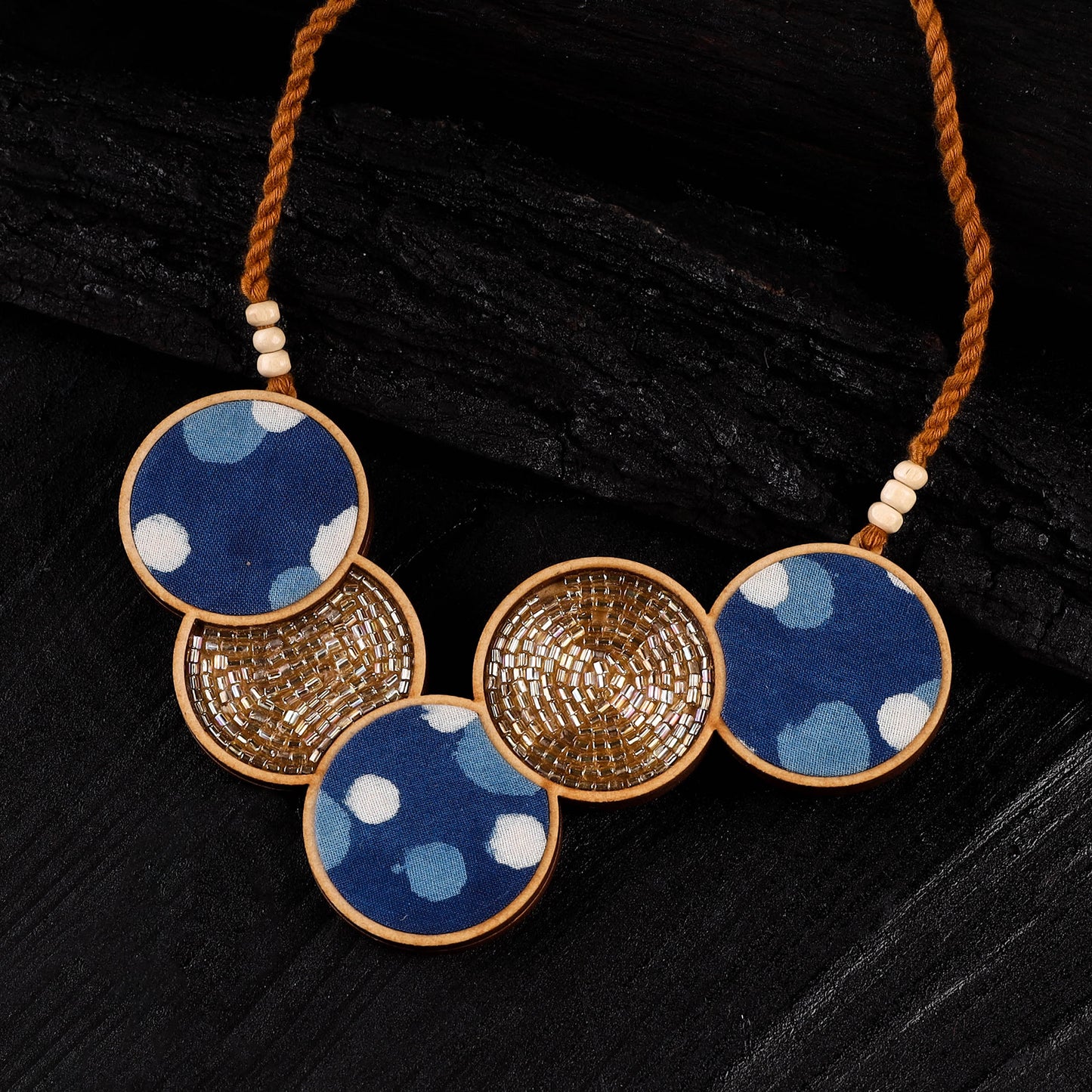 WHE Blue Connected Circle Repurposed Fabric & Wood Necklace 07