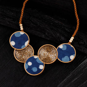 WHE Blue Connected Circle Repurposed Fabric & Wood Necklace 07