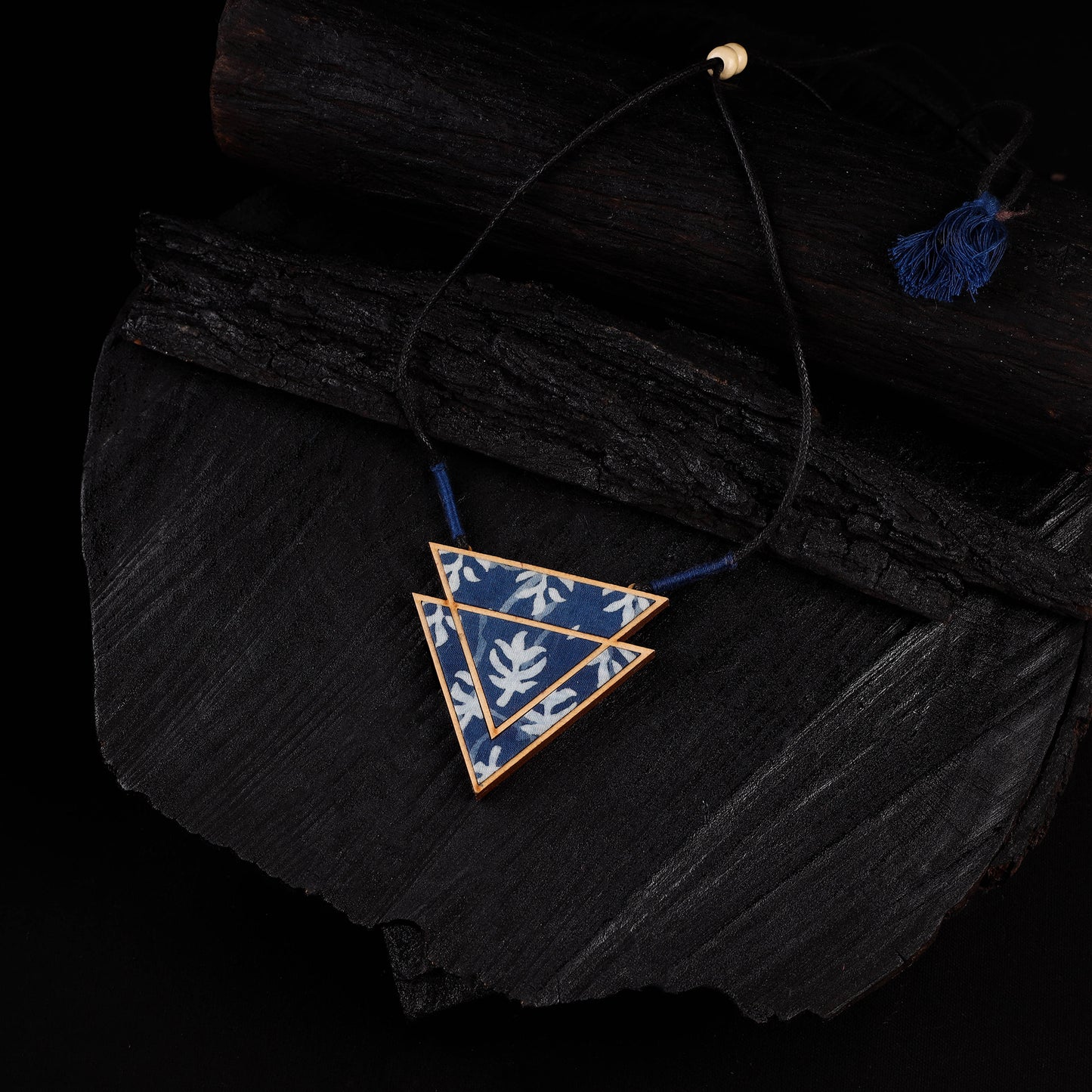 WHE Indigo Repurposed Fabric & Wood Triangular Necklace 08