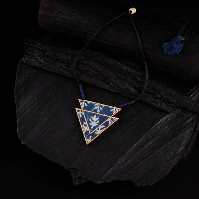 WHE Indigo Repurposed Fabric & Wood Triangular Necklace 08