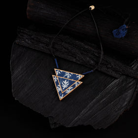 WHE Indigo Repurposed Fabric & Wood Triangular Necklace 08