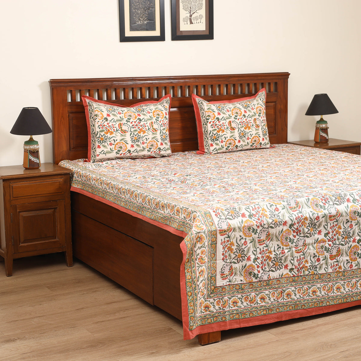 Floral Sanganeri Hand Block Print Cotton Double Bedsheet with 2 Pillow Cover Set (108 x 90 in) 58
