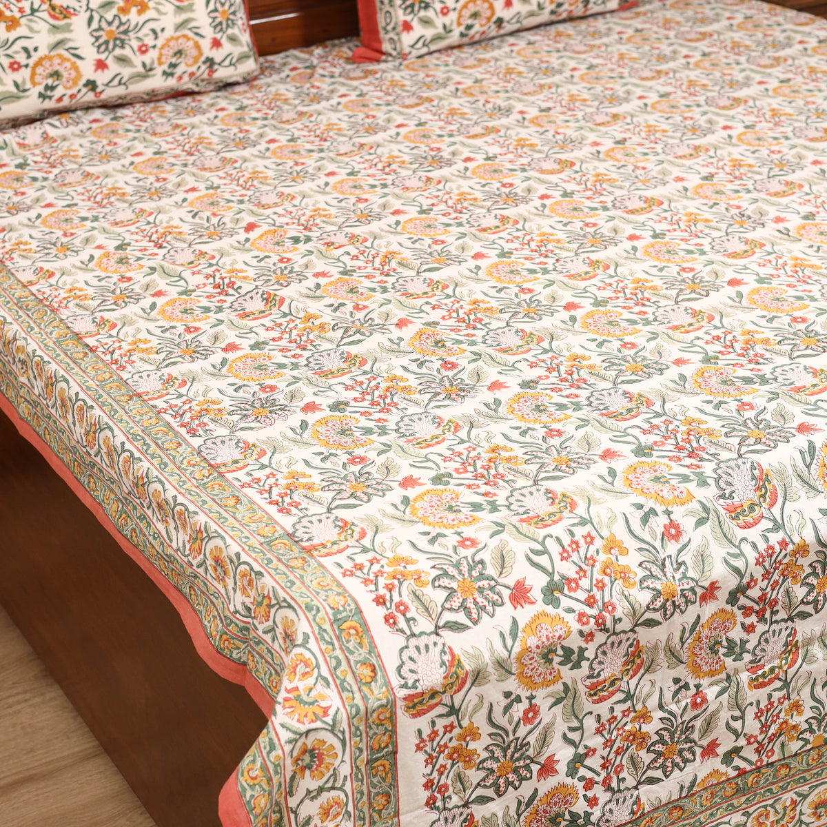 Floral Sanganeri Hand Block Print Cotton Double Bedsheet with 2 Pillow Cover Set (108 x 90 in) 58