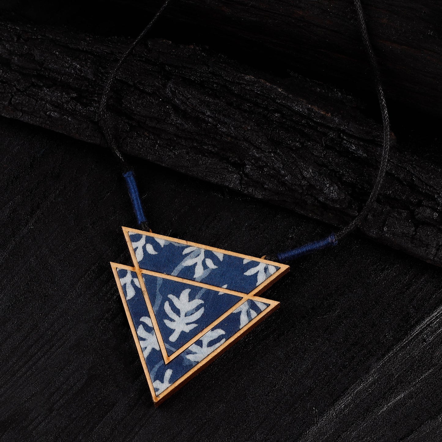 WHE Indigo Repurposed Fabric & Wood Triangular Necklace 08
