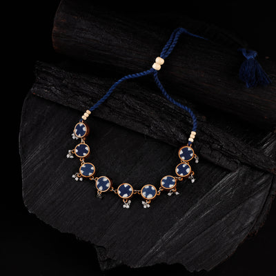 WHE Indigo Blue Repurposed Fabric & Wood Choker Necklace 09