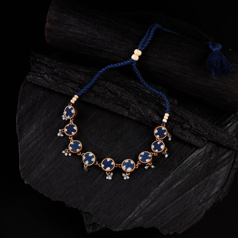 WHE Indigo Blue Repurposed Fabric & Wood Choker Necklace 09