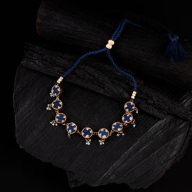 WHE Indigo Blue Repurposed Fabric & Wood Choker Necklace 09