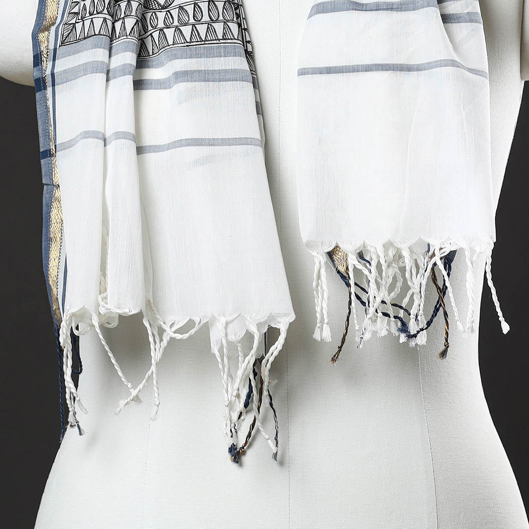 Grey - Madhubani Handpainted Silk Cotton Handloom Stole 05