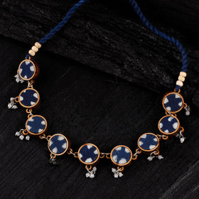 WHE Indigo Blue Repurposed Fabric & Wood Choker Necklace 09