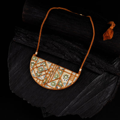 WHE Green Bloom Repurposed Floral Fabric & Wood Maze Necklace 11