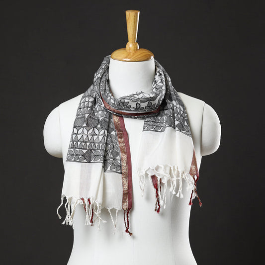Grey - Madhubani Handpainted Silk Cotton Handloom Stole 06