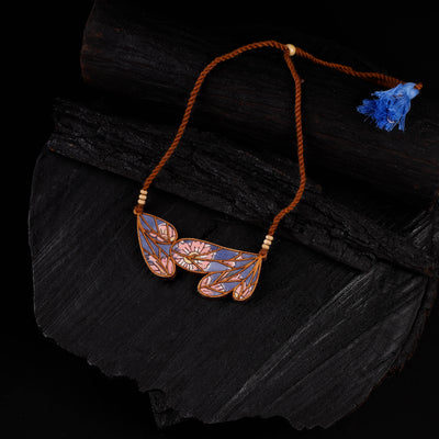 WHE Multicolour Bloom Leaf Motif Repurposed Fabric & Wood Necklace 12