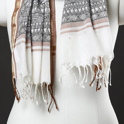 Grey - Madhubani Handpainted Silk Cotton Handloom Stole 08