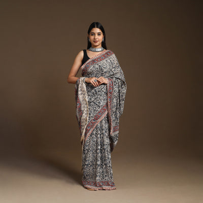 Black Pedana Block Print Cotton Kalamkari Saree