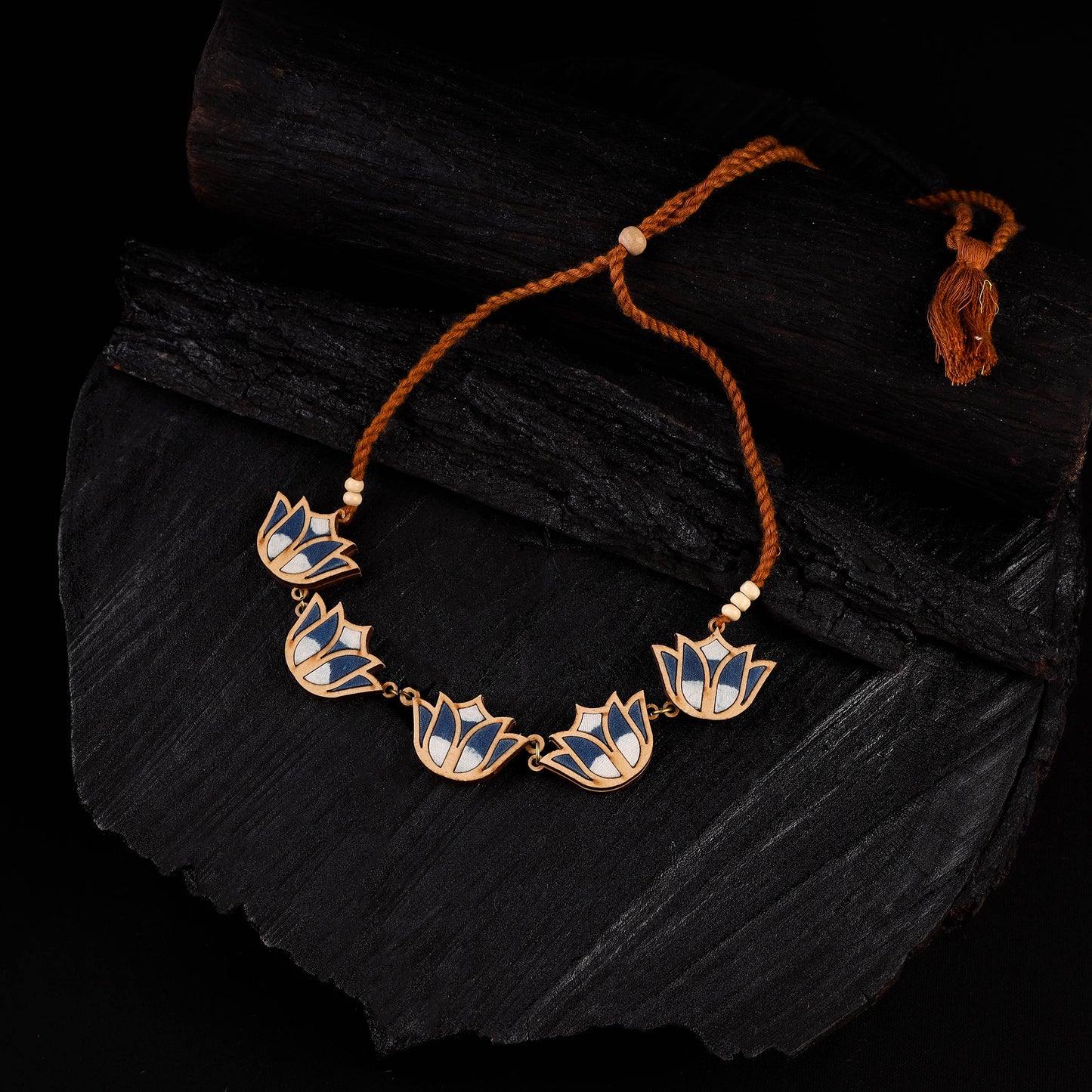 WHE Indigo Bloom Lotus Repurposed Fabric & Wood Necklace 13