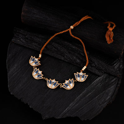 WHE Indigo Bloom Lotus Repurposed Fabric & Wood Necklace 13