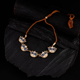 WHE Indigo Bloom Lotus Repurposed Fabric & Wood Necklace 13