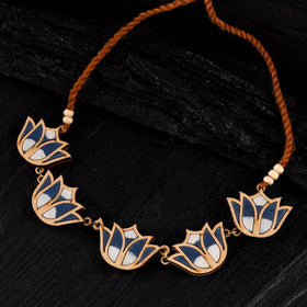 WHE Indigo Bloom Lotus Repurposed Fabric & Wood Necklace 13