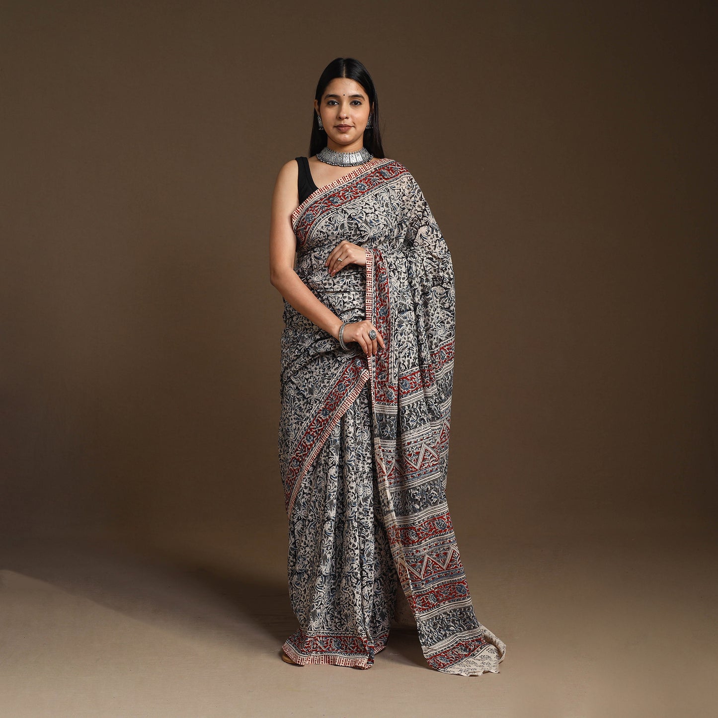 Black Pedana Block Print Cotton Kalamkari Saree