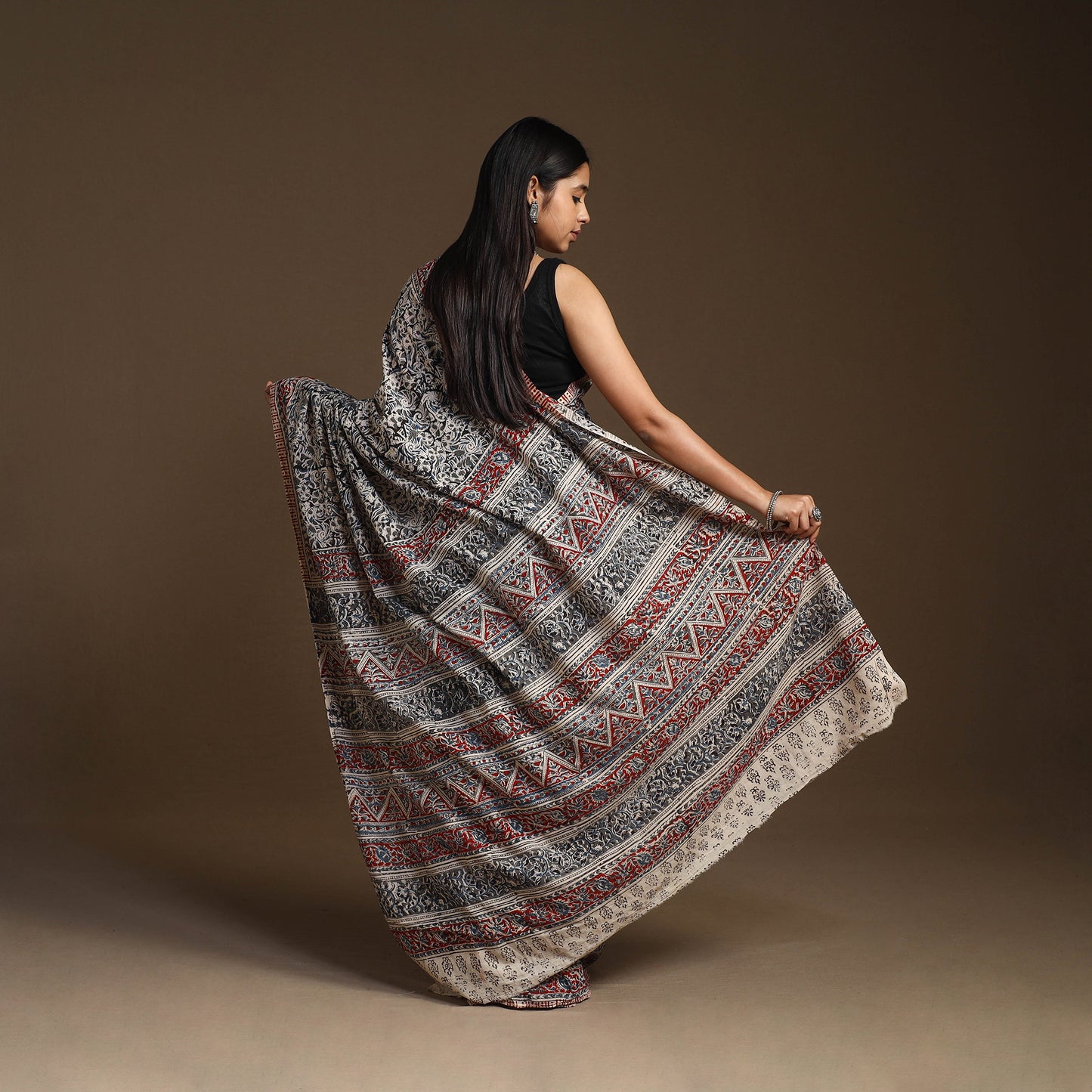 Black Pedana Block Print Cotton Kalamkari Saree