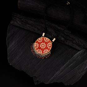 WHE Black & Red Two in One Repurposed Ajrakh Fabric & Wood Round Pendant Necklace 14