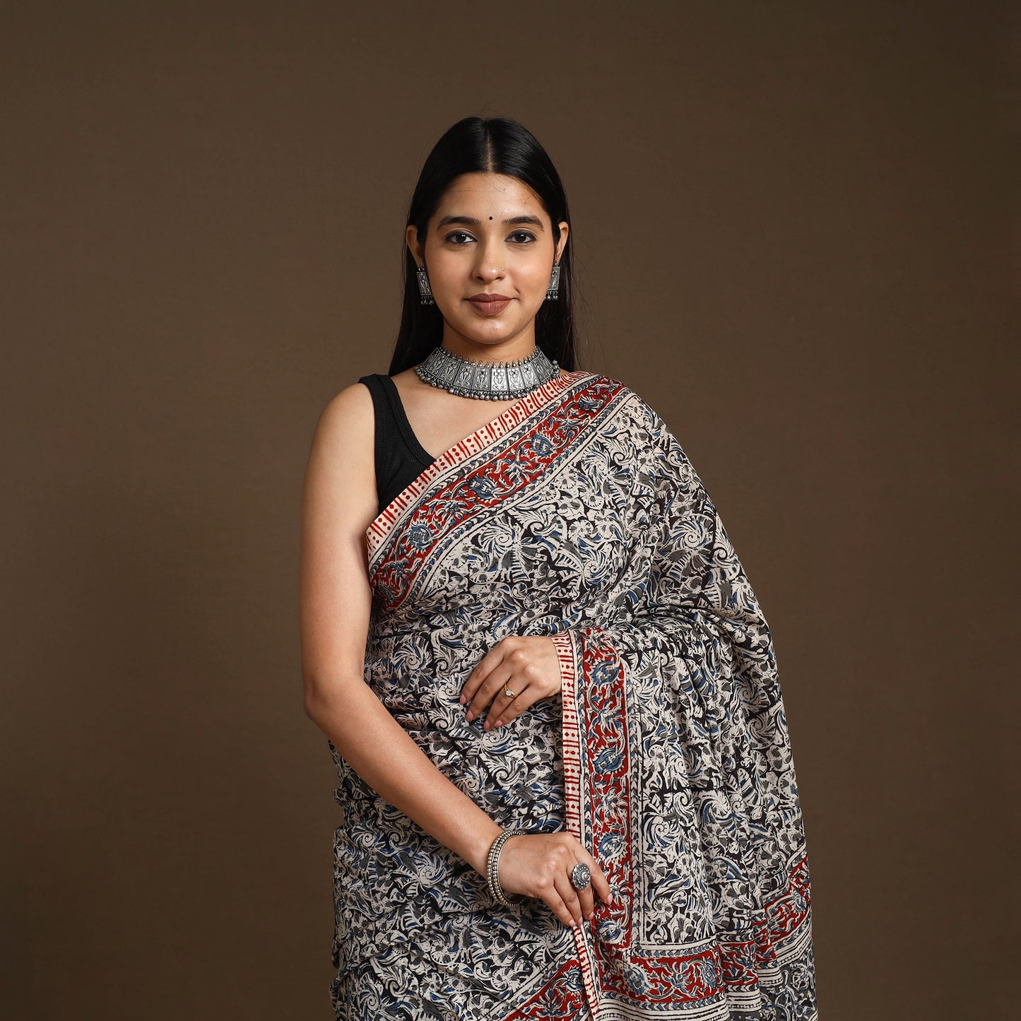 Black Pedana Block Print Cotton Kalamkari Saree
