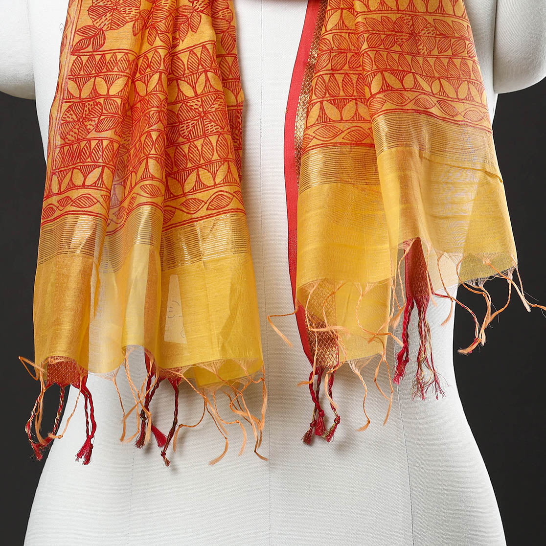 Orange - Madhubani Handpainted Chanderi Silk Handloom Stole 11